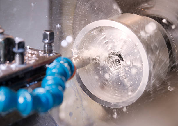 Milling cutting metalworking process. Precision industrial CNC machining of metal detail